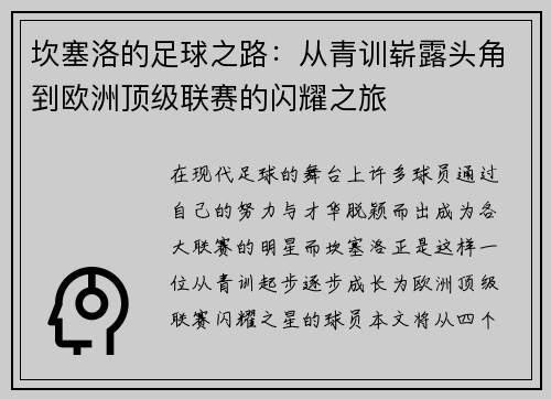 坎塞洛的足球之路：从青训崭露头角到欧洲顶级联赛的闪耀之旅